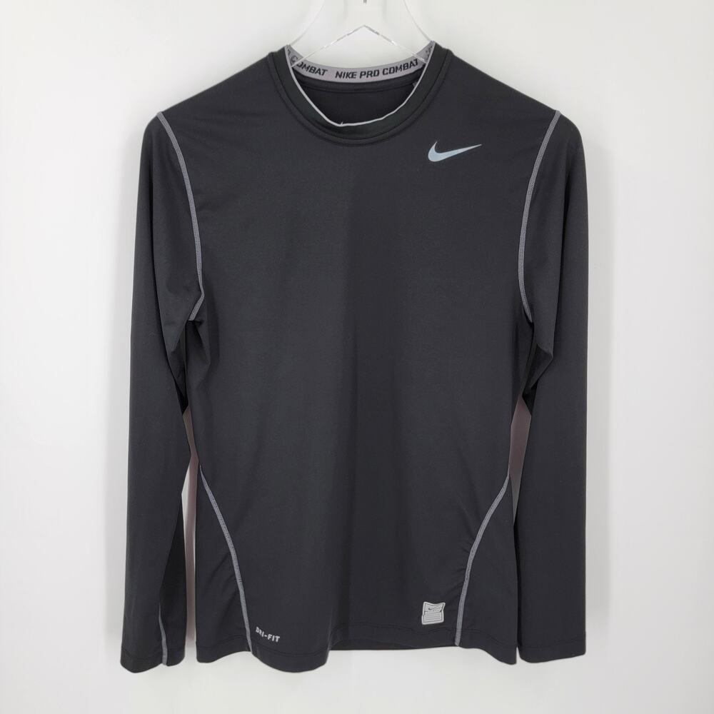 Nike Pro Combat Dri-FIT Mens S Long Sleeve Crew Neck Athletic Black Tee